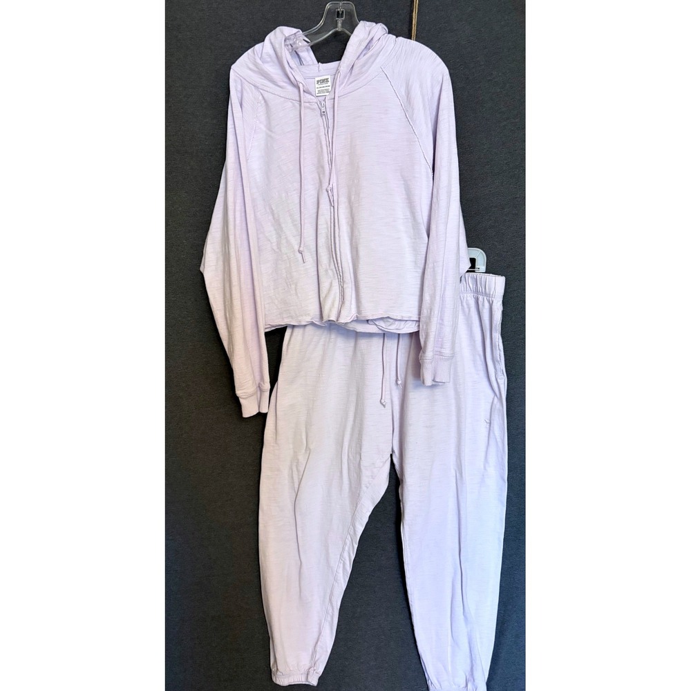 Victorias Secret PINK Lavender Slub Knit Cropped Hoodie and Joggers Set XXL‎